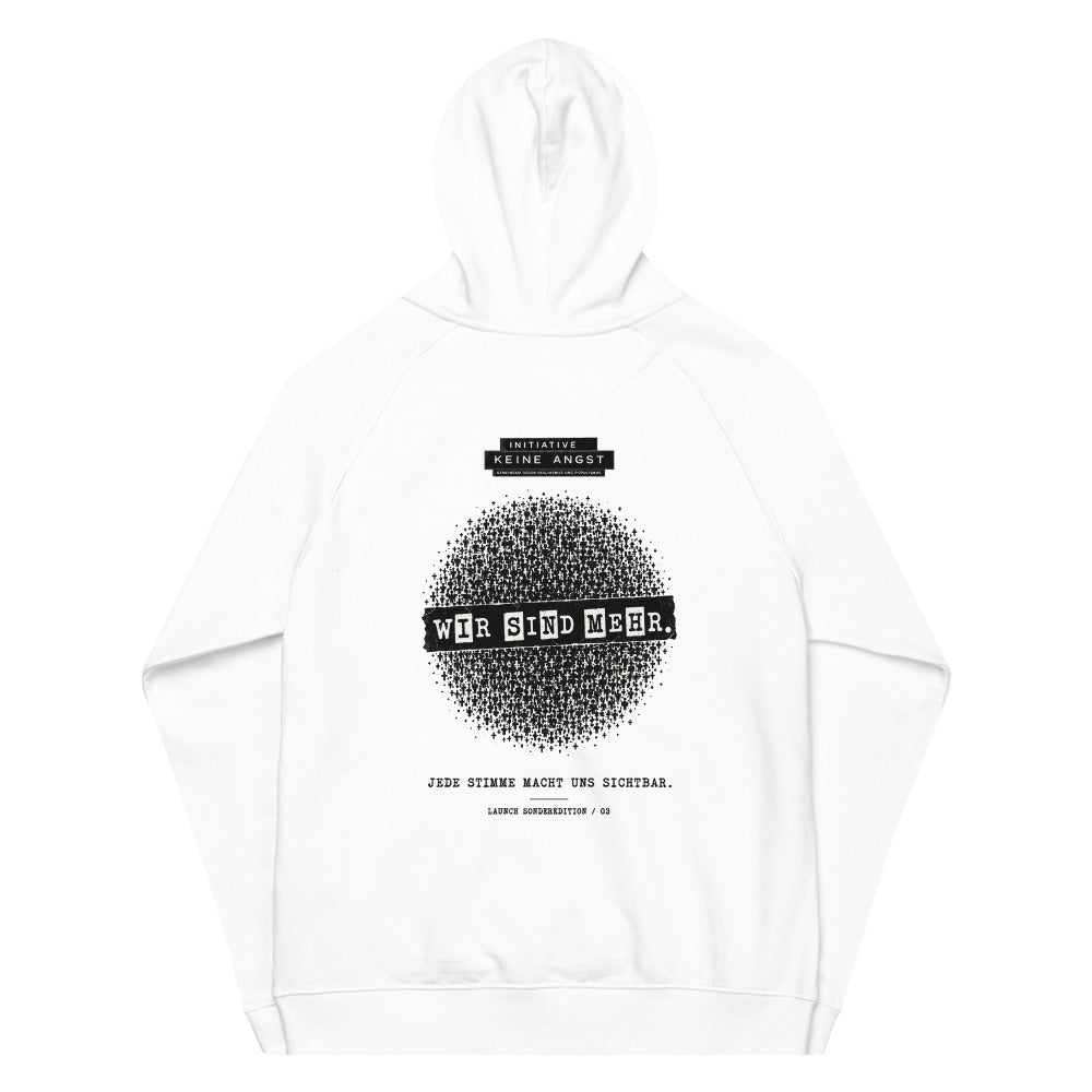 Sonderedition „Wir sind mehr“ – Unisex Bio-Raglan-Hoodie – White – Rückansicht | Originalmotiv