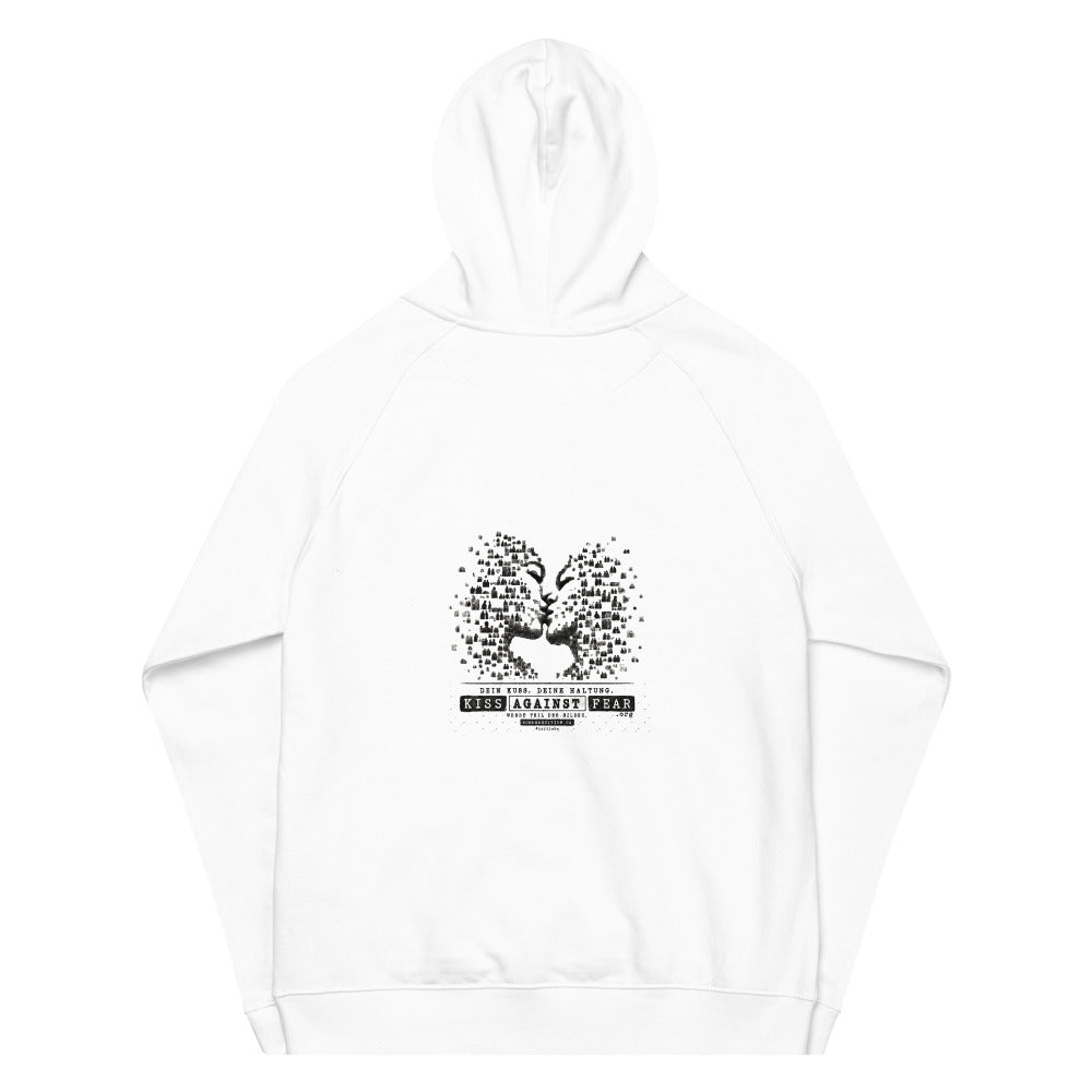 Kiss Against Fear – Deutsch – Unisex Bio-Raglan-Hoodie – White – Rückansicht | Originalmotiv