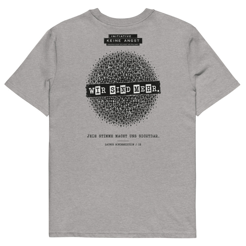 Sonderedition „Wir sind mehr“ – Unisex T-Shirt aus Bio-Baumwolle Creator 2.0 – Heather Grey – Rückansicht | Originalmotiv