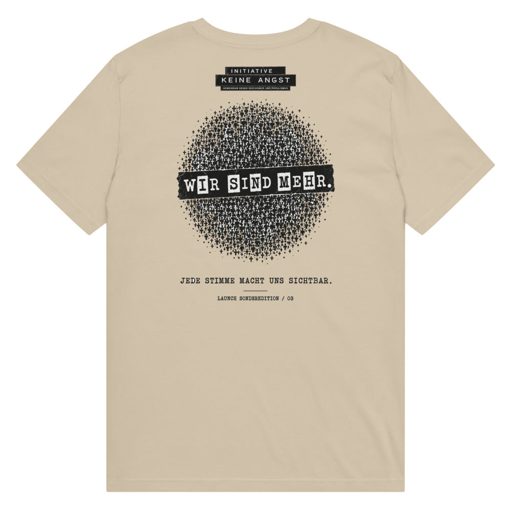 Sonderedition „Wir sind mehr“ – Mittelschweres Unisex Bio-T-Shirt – Desert Dust – Rückansicht | Originalmotiv