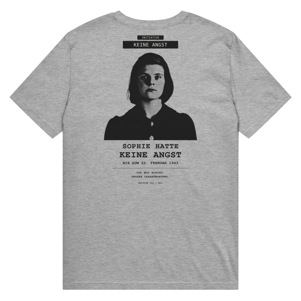 Sophie Scholl – Mittelschweres Unisex Bio-T-Shirt – Heather Grey – Rückansicht | Originalmotiv