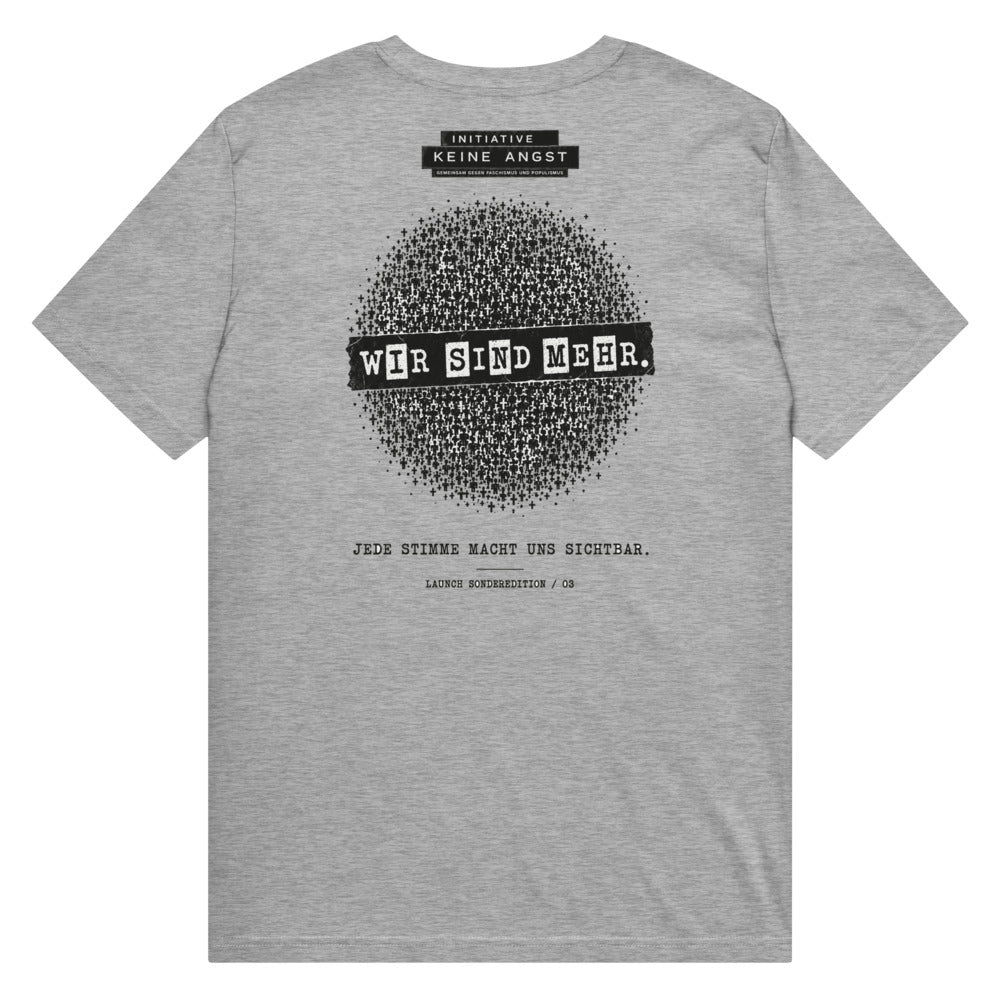 Sonderedition „Wir sind mehr“ – Mittelschweres Unisex Bio-T-Shirt – Heather Grey – Rückansicht | Originalmotiv
