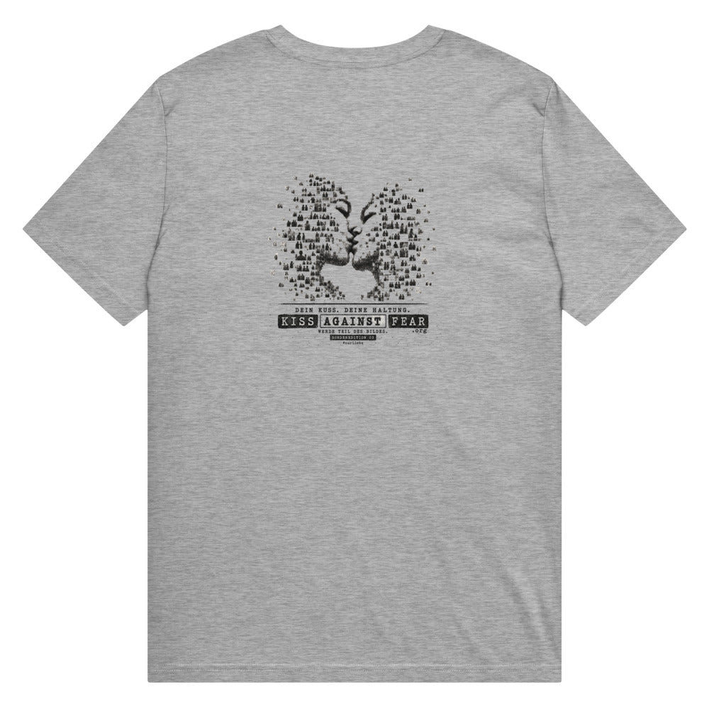 Kiss Against Fear – Deutsch – Mittelschweres Unisex Bio-T-Shirt – Heather Grey – Rückansicht | Originalmotiv
