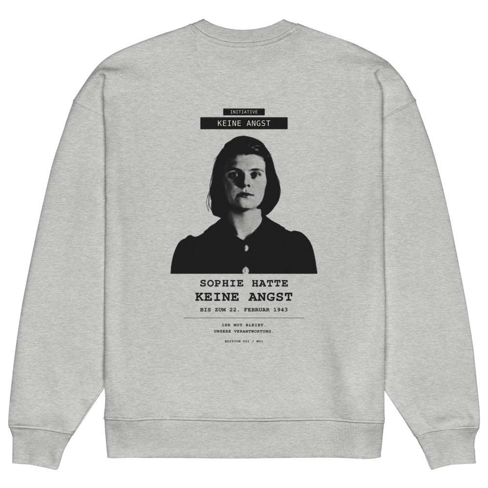 Sophie Scholl – Oversized Unisex Bio-Pullover – Heather Grey – Rückansicht | Originalmotiv