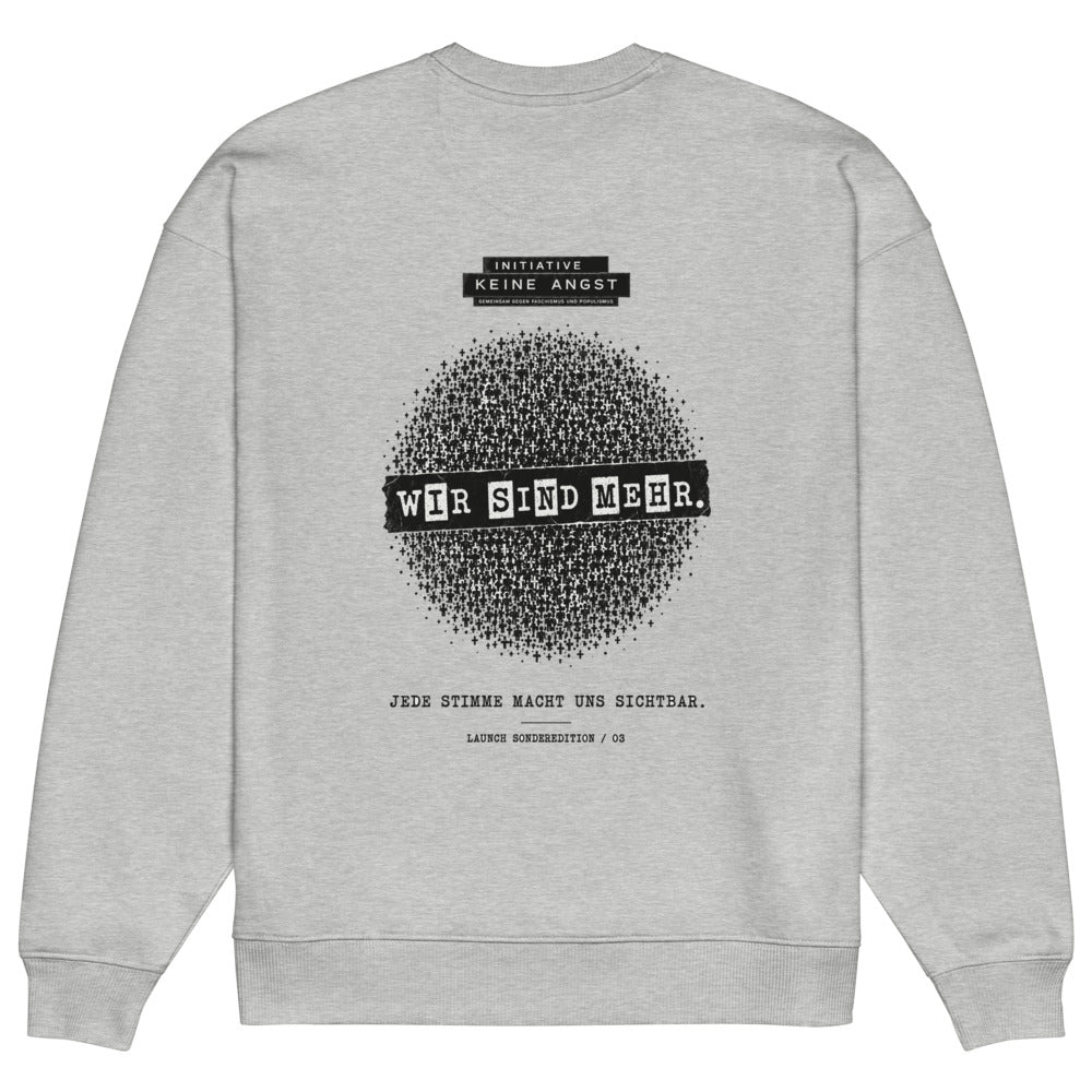 Sonderedition „Wir sind mehr“ – Oversized Unisex Bio-Pullover – Heather Grey – Rückansicht | Originalmotiv