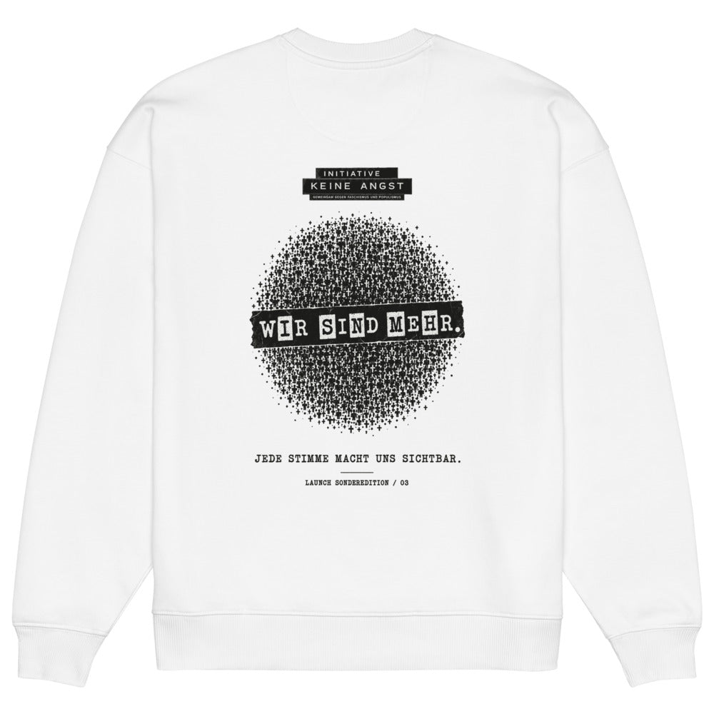 Sonderedition „Wir sind mehr“ – Oversized Unisex Bio-Pullover – White – Rückansicht | Originalmotiv